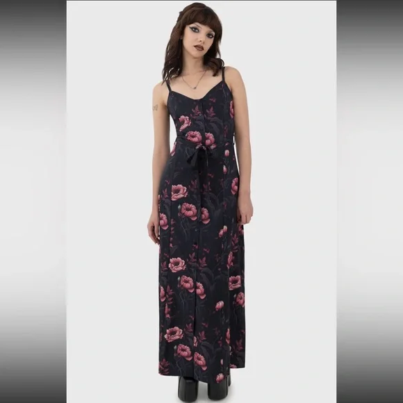 KILLSTAR COTTAGE CHORUS BLACK & PINK FLORAL PRINT MAXI DRESS - LIKE NEW - Picture 1 of 7
